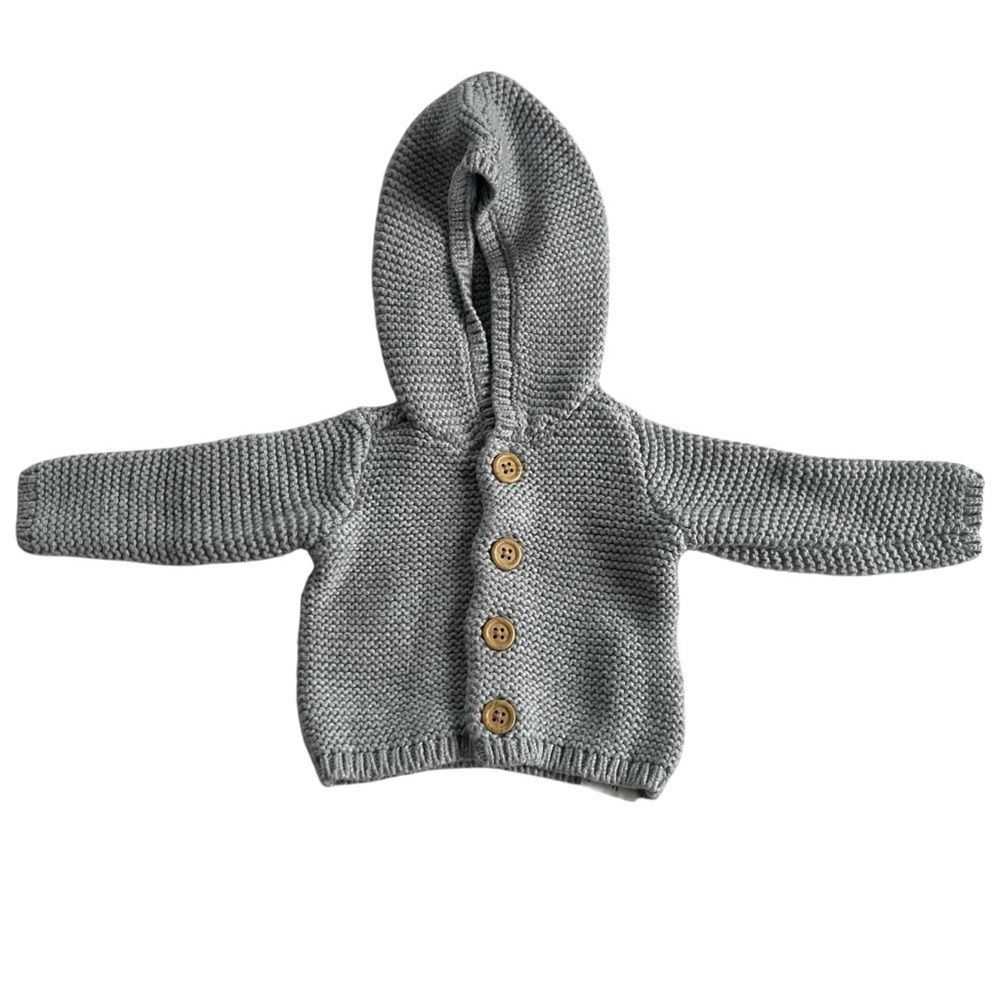 Organic Little Planet Newborn Gray Knit Hooded Cardigan with Wooden Buttons